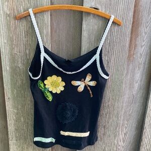 Lapis Black Tank Top with Yellow Flower & Green Leaves